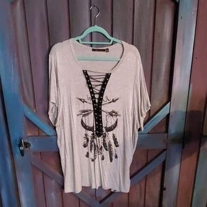 Tshirt Boho, lace up, feathers